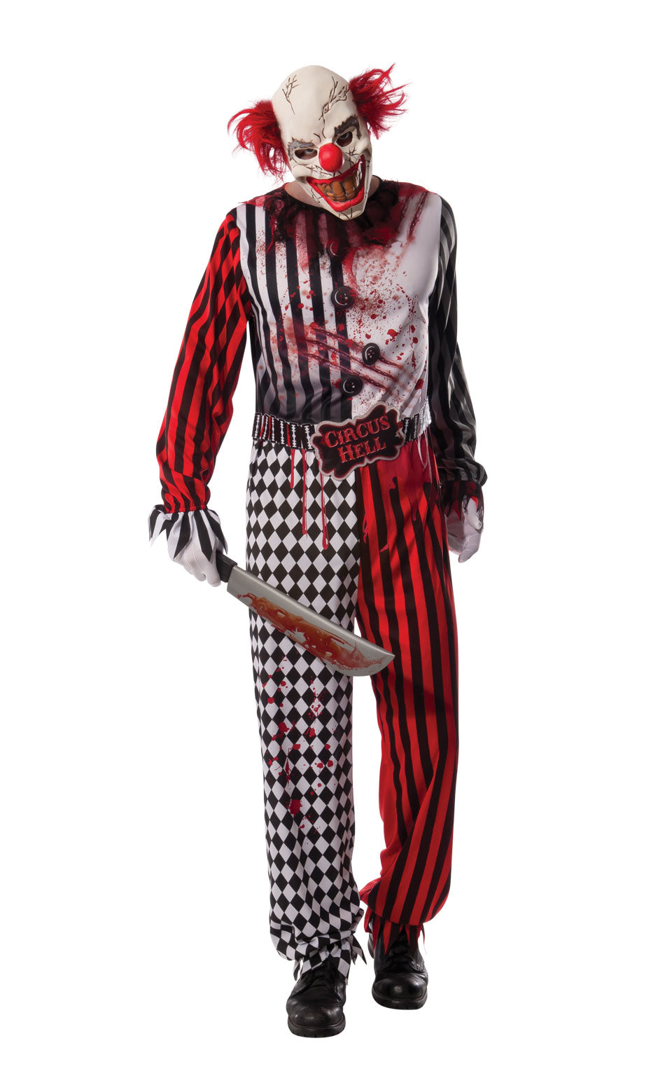 Evil Clown Costume Mens Scary Horror Deluxe Clown Adults Fancy Dress + Mask