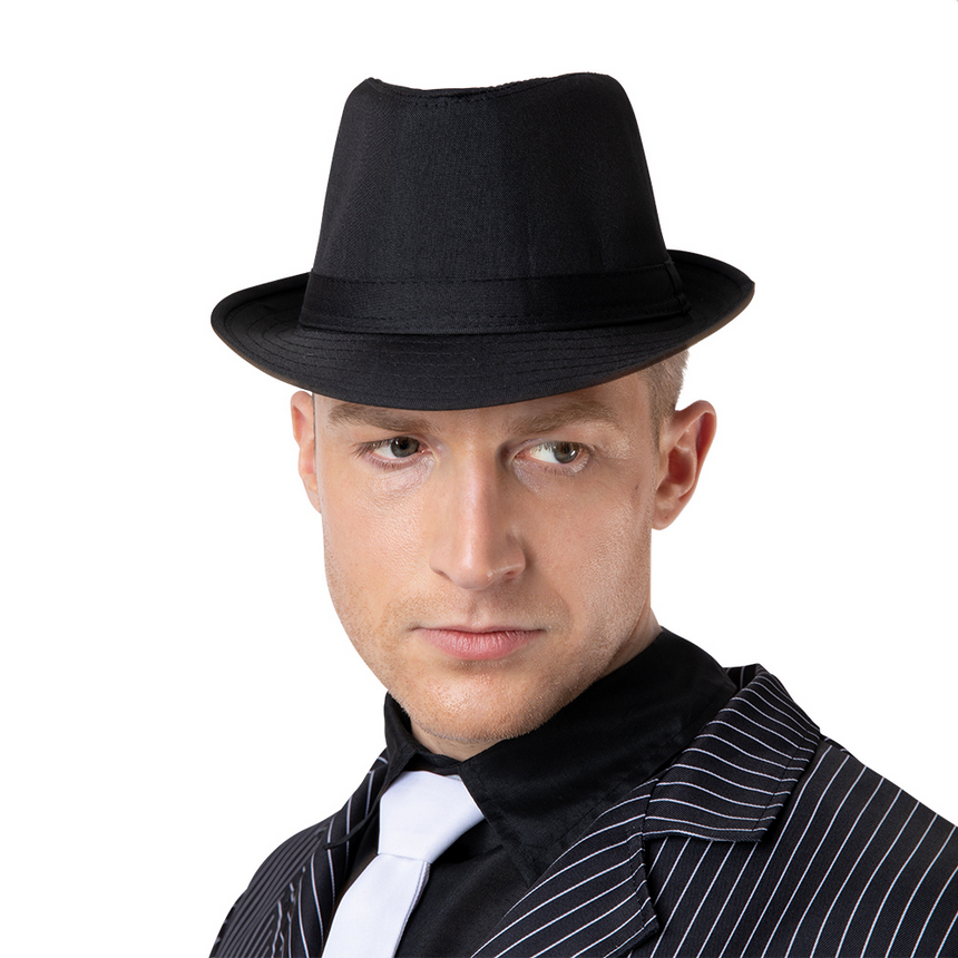 Adults Black Gangster Hat Trilby Fedora Al Capone Fancy Dress Mafia New