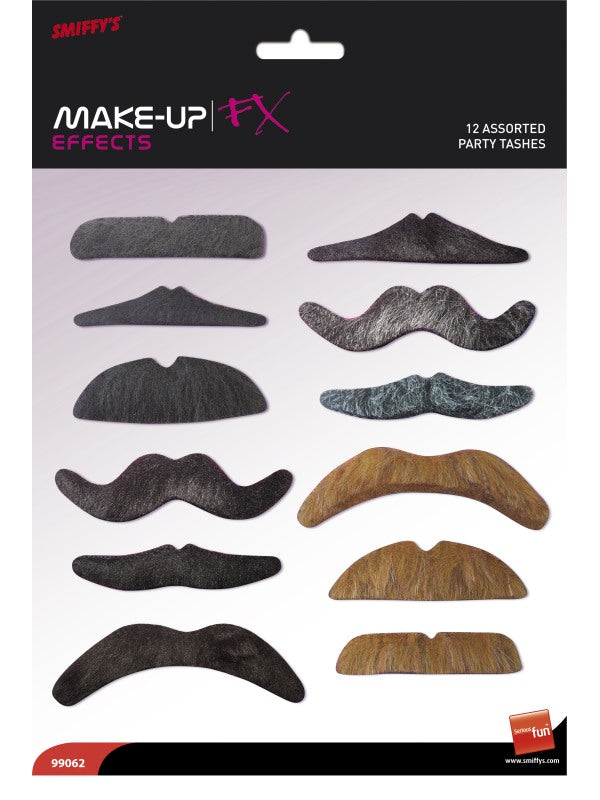 12 Pc Moustache Set Assorted Tash Adults Comedy Fancy Dress