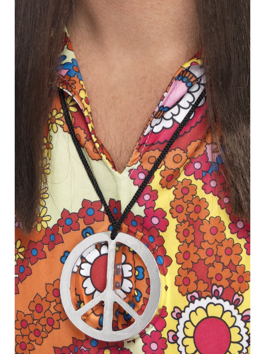 Hippie Peace Sign Medallion Silver Necklace Adults 60s Fancy Dress