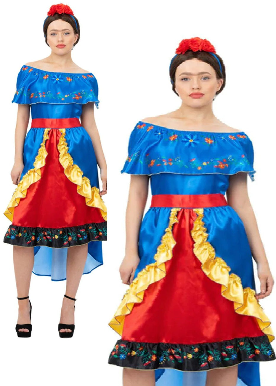 Deluxe Artist Frida Kahlo Costume Ladies Spanish Fancy Dress Outfit