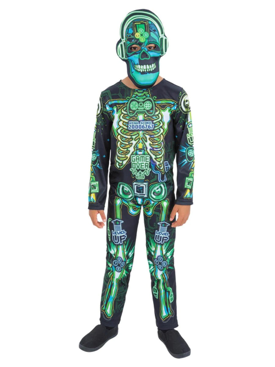 Glow in the Dark Tech Skeleton Costume Halloween Kids Gamer Fancy Dress Outfit