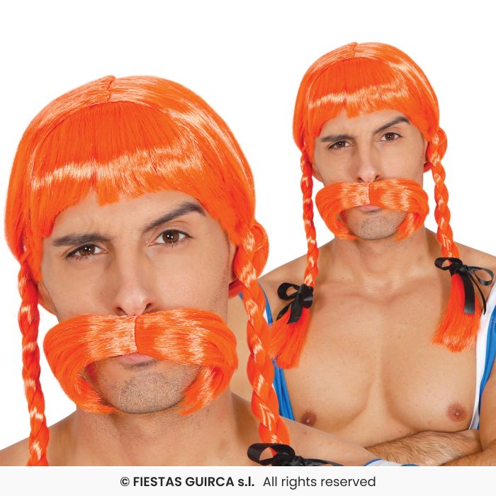 Orange Gaul Wig Mens Strong Man Fancy Dress Accessory Adults Ginger Pigtails