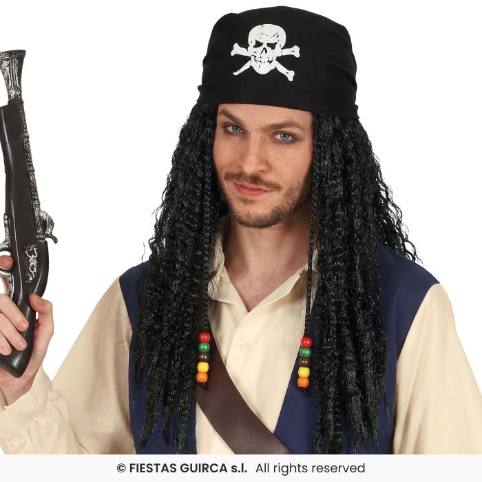 Pirate Wig With Bandana Mens Fancy Dress Black Wig Pirates Accessory