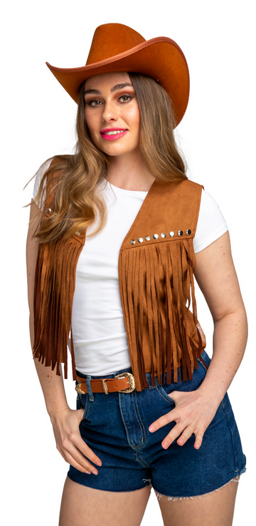 Ladies Faux Suede Waistcoat Adults Cowgirl Cowboy Hippie Hippy Fancy Dress Accessory