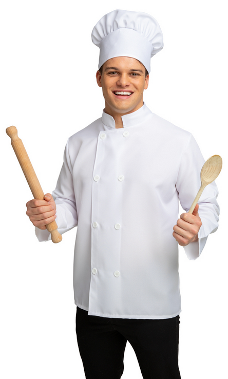 Mens Chef Costume Cooks Outfit Cehfs Whites & Hat Adults Fancy Dress Outfit
