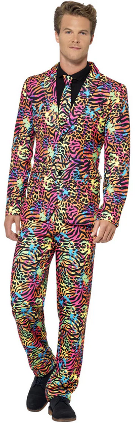 Mens Stand Out Suit Neon Animal Print Stag Do Party Costume Fancy Dress Outfit