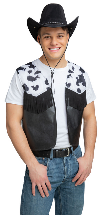 Cowboy Cowgirl Waistcoat Black Cow Print Rodeo Wild West Western Fancy Dress Accessory