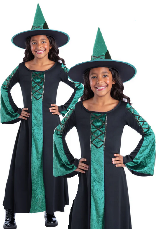 Bewitched Green Witch Girls Halloween Witches Fancy Dress Costume Age 4-12