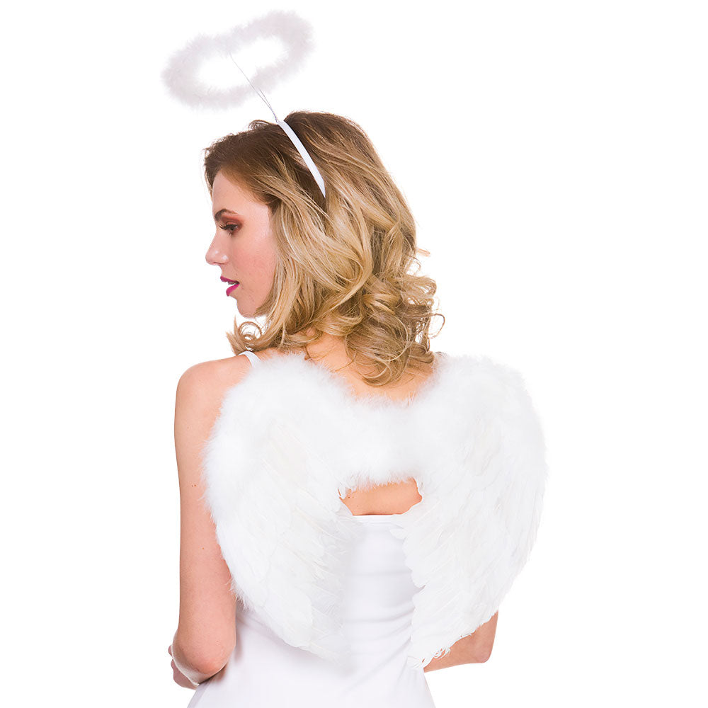 Feather Wings & Halo Set Black White Fancy Dress Angel Fairy Costume Accessory