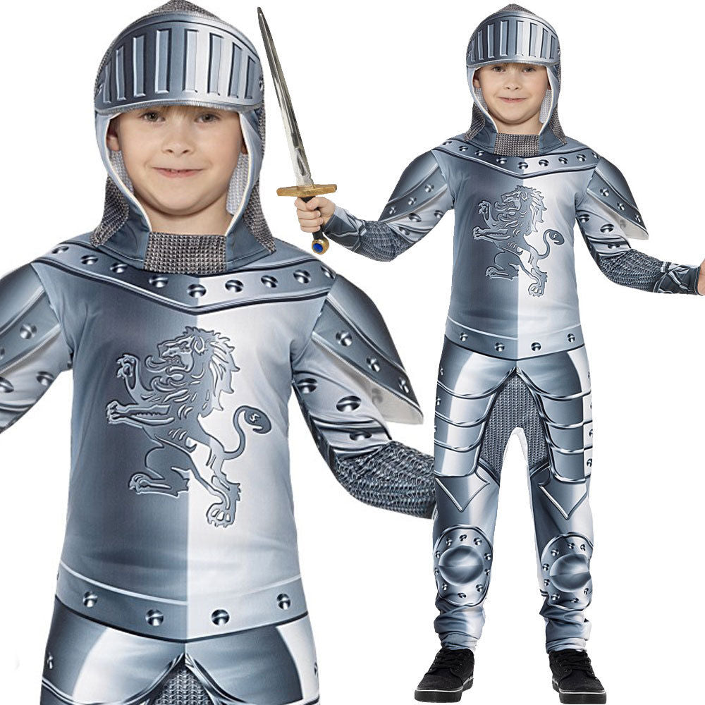 Child Armoured Knight Costume Boys Medieval Crusader Fancy Dress Outfit New