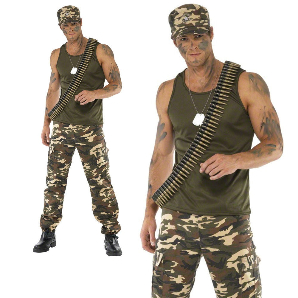 Mens Khaki Camo Army Costume Soldier Fancy Dress Camoflage War Outfit M L