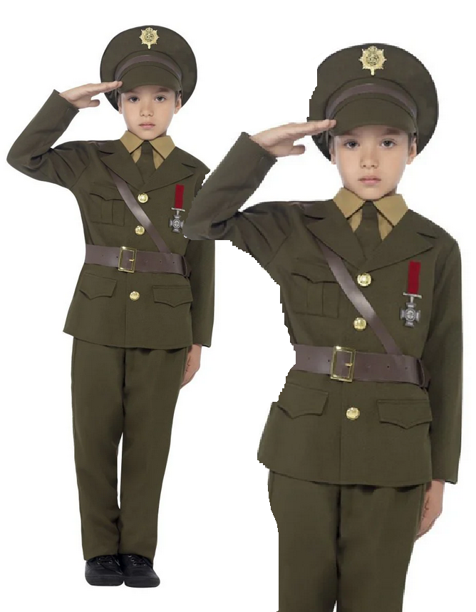 Army Officer Costume Boys Wartime Soldier School Fancy Dress Outfit Kids