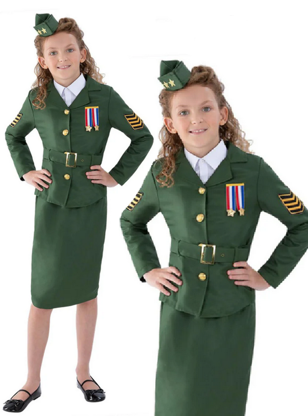 Army Girl Costume Kids Wartime Historical World War Fancy Dress Outfit Uniform Girls