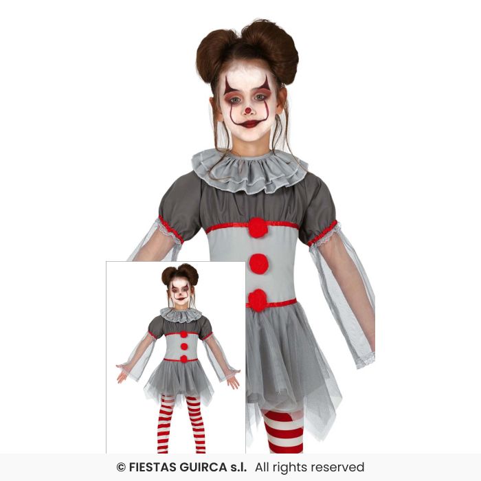 Crazy Clown Girls Grey Penny Clown Halloween Fancy Dress Costume Age 3-12