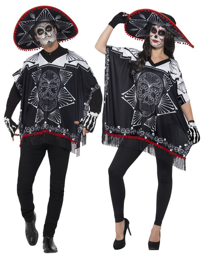 Day Of The Dead Deluxe Poncho Adults Bandit Halloween Mexican Fancy Dress