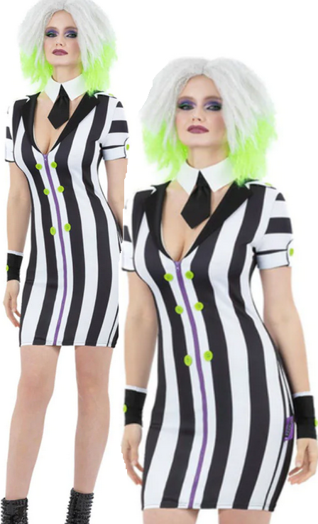 Sexy Womens Beetlejuice Costume Adults Halloween Ladies Fancy Dress Official