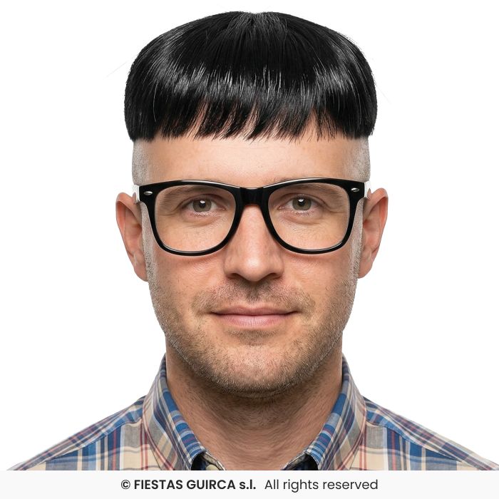 Black Bisone Wig Mens Funny Fancy Dress Wig Adults Bowl Cut Wig