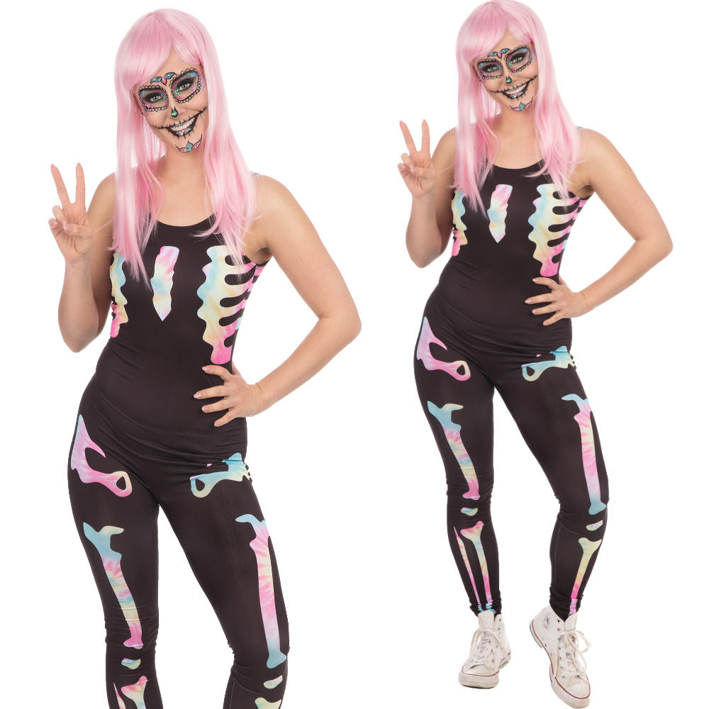 Skeleton Black Jumpsuit Ladies Halloween Skeletons Fancy Dress Outfit UK 12-14