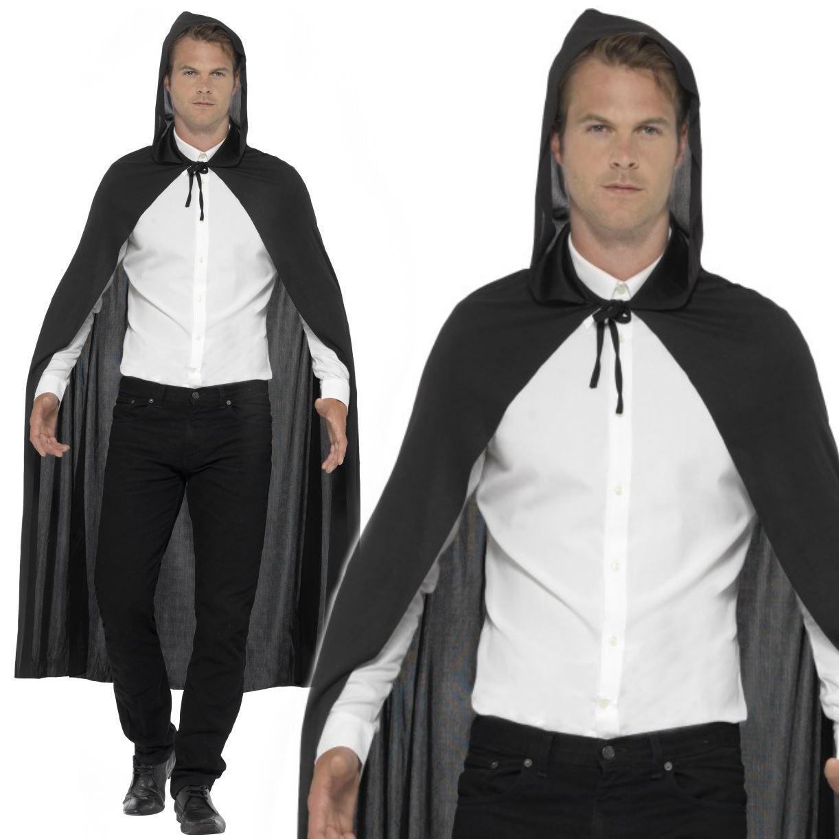 Adult Mens Ladies Unisex Black Hooded Cloak Cape Vampire Halloween Fancy Dress