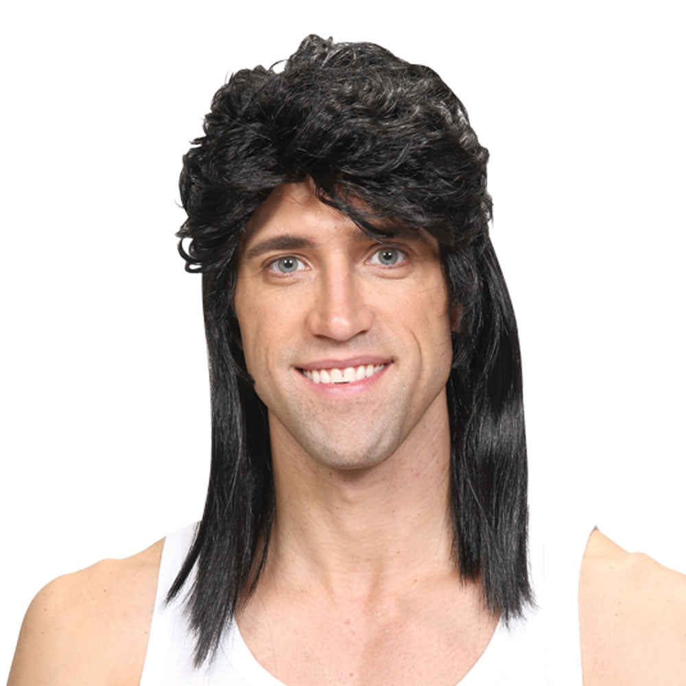 Adult Black Mullet Hillbilly Fancy Dress Wig Soft Rock Heavy Metal 70s 80s New