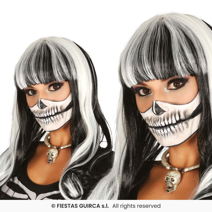 Black & White Long Straight Fringed Wig Ladies Halloween Fancy Dress Accessory