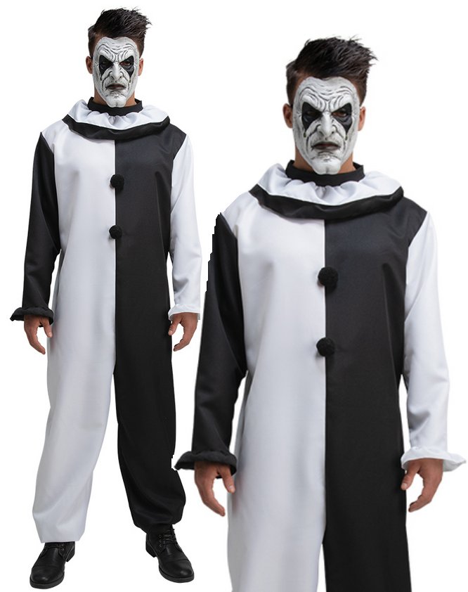 Black & White Clown + Mask Mens Halloween Terrifying Clown Fancy Dress Costume