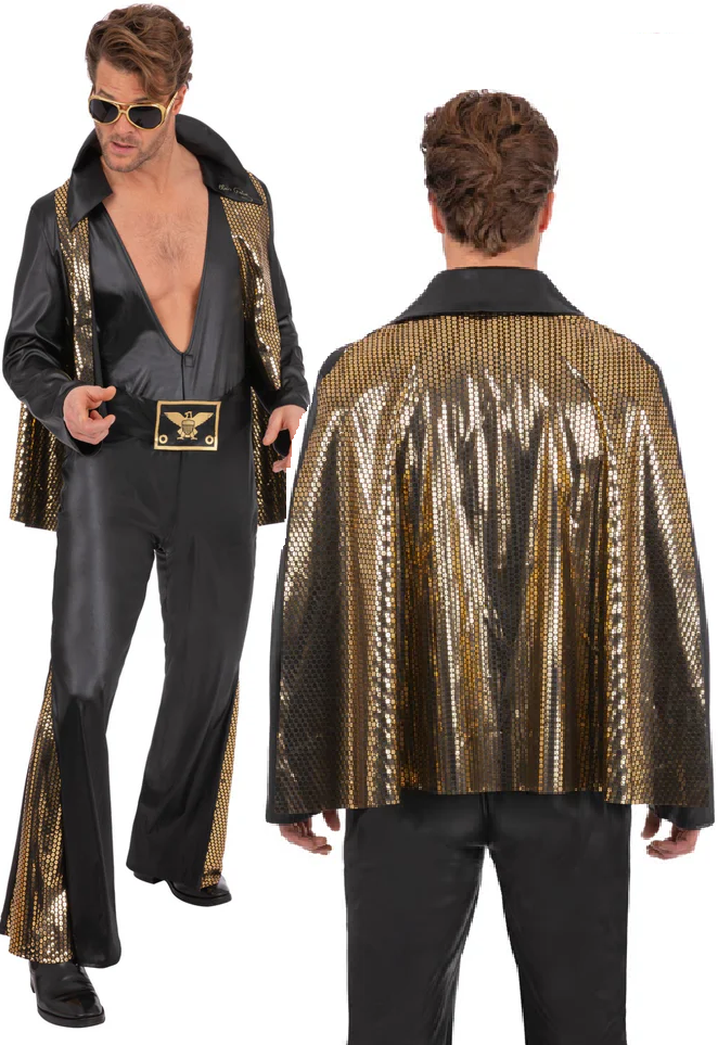 Elvis Black Jumpsuit Rock n Roll 50s Celebrity Fancy Dress Costume Mens Elvis