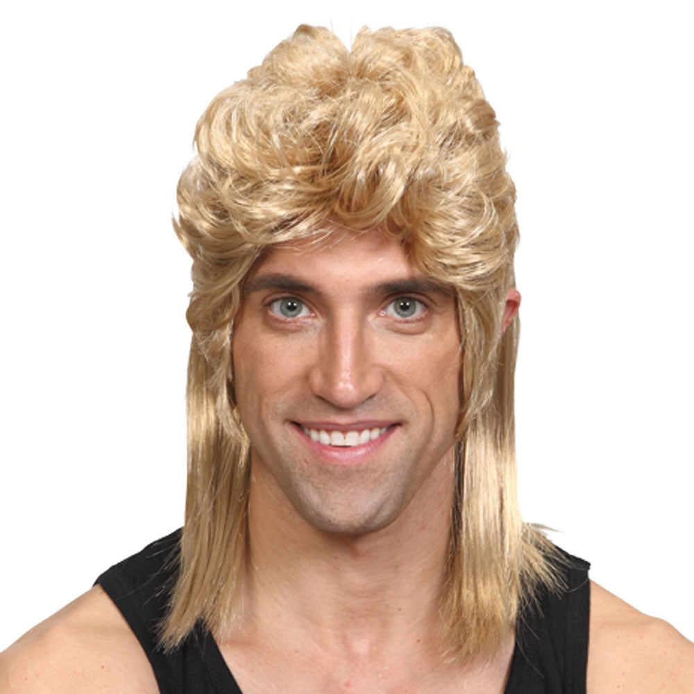 Adult Blonde Mullet Hillbilly Fancy Dress Wig Soft Rock Heavy Metal 70s New