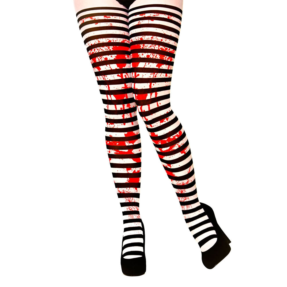Black White Stripe Tights With Blood Stains Zombie Convict Halloween Fancy Dress Accessory