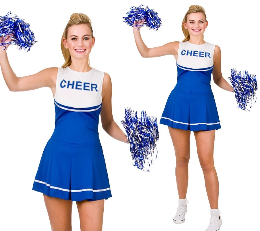 Ladies Cheerleader Costume Hen Night Party Fancy Dress Outfit + Pom Poms