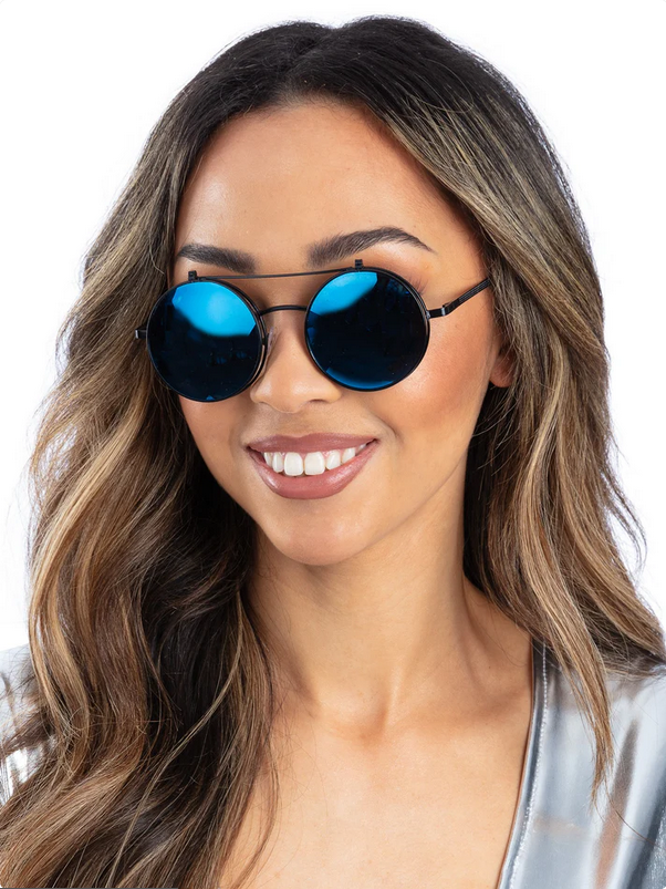 Metallic Flip Up Mirrored Round Specs Ladies Disco Festival Fancy Dress Sun Glasses