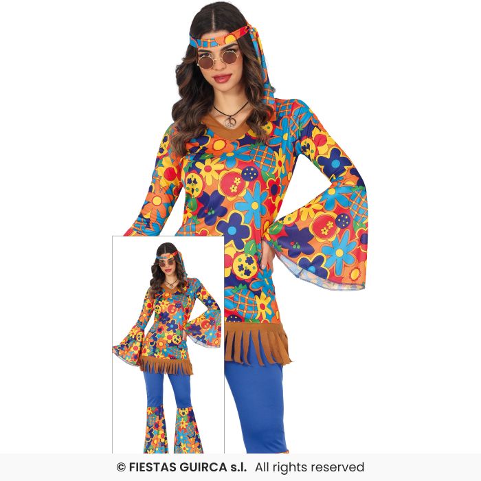 Blue Flower Hippie Dress 70s Flower Power Hippy Retro Ladies Fancy Dress Costume UK 8-18