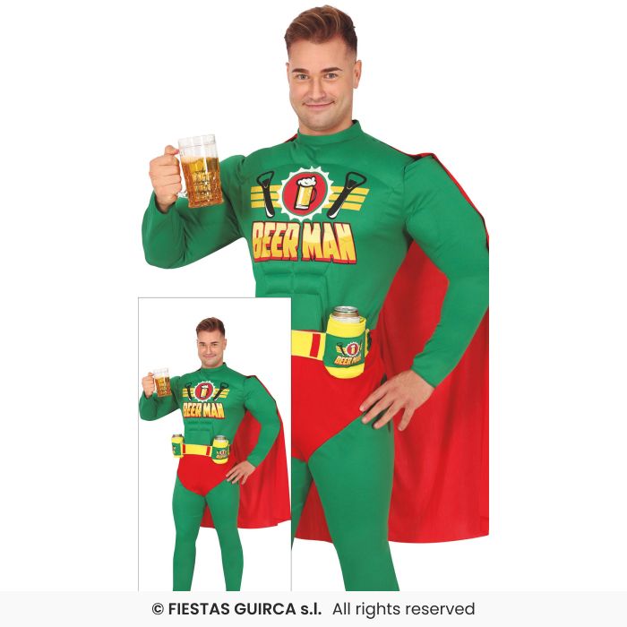 Beer Man Costume Bottle Superhero Mens Fancy Dress Outfit Padded Muscles