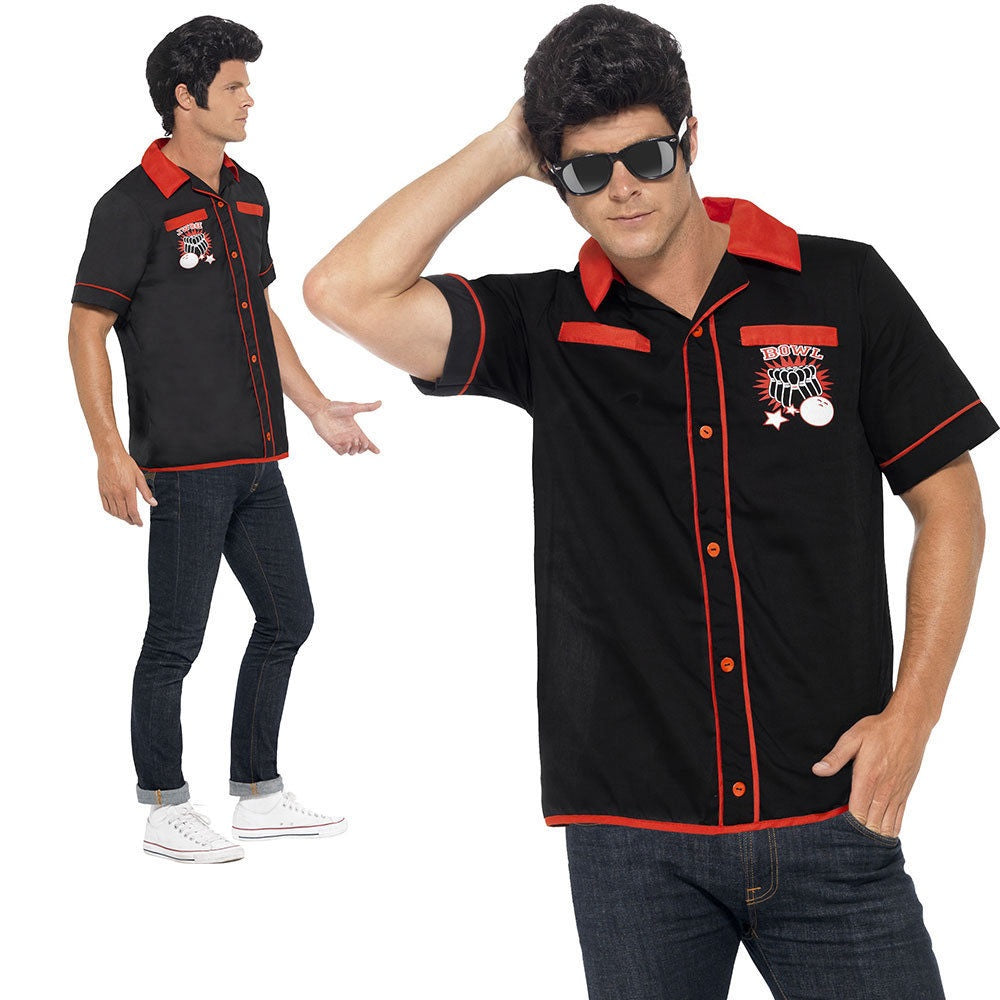 Mens 1950s Rock N Roll Bowling Shirt Rockabilly Fancy Dress Costume New