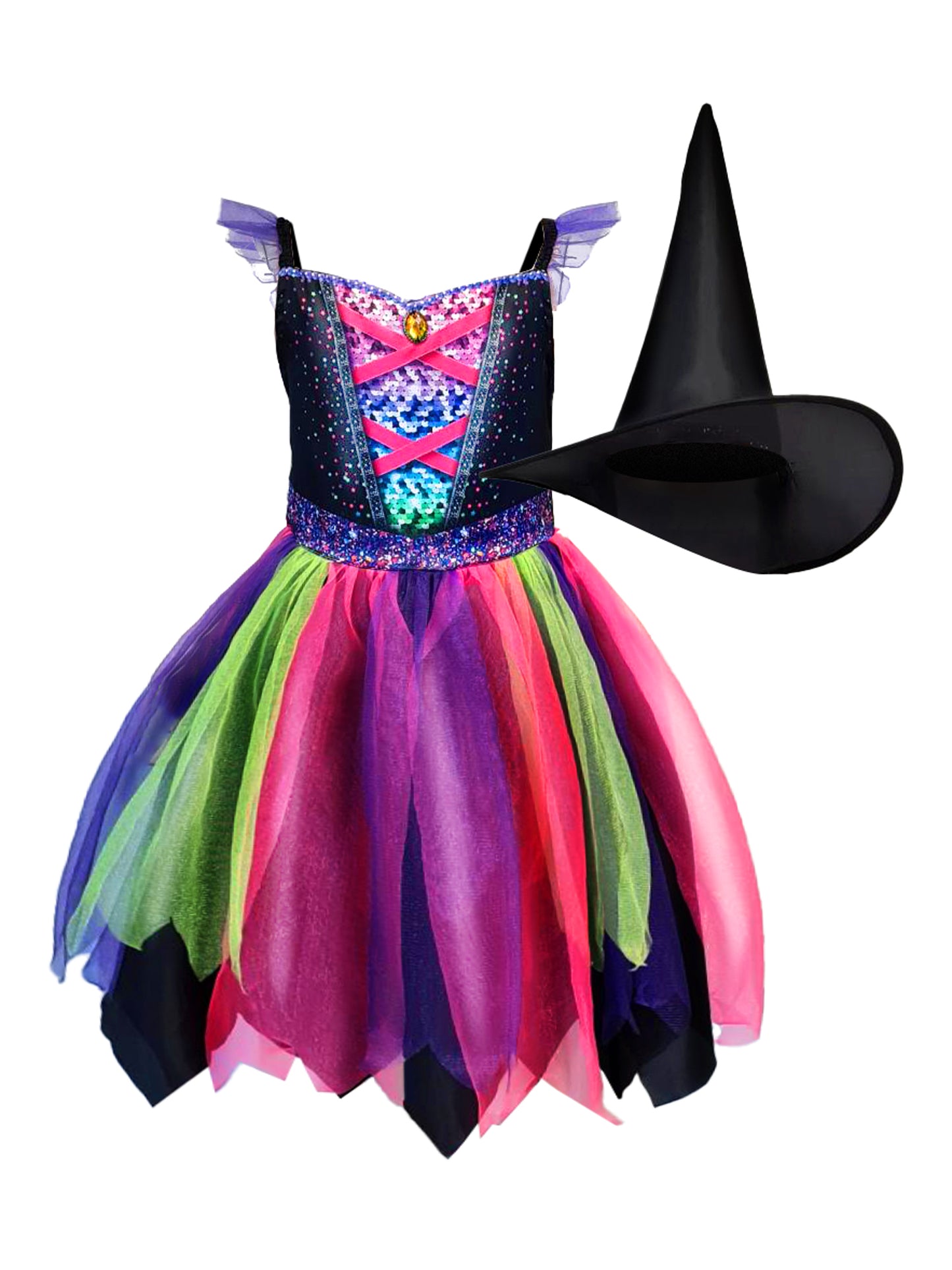 Bright Witch Costume Girls Halloween Witches Fancy Dress Outfit + Hat Age 3-8