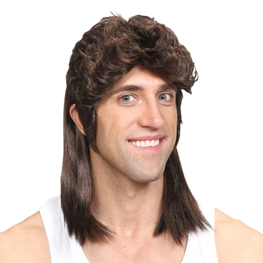 Brown Mullet Hillbilly Fancy Dress Wig Soft Rock Heavy Metal 70s 80s New