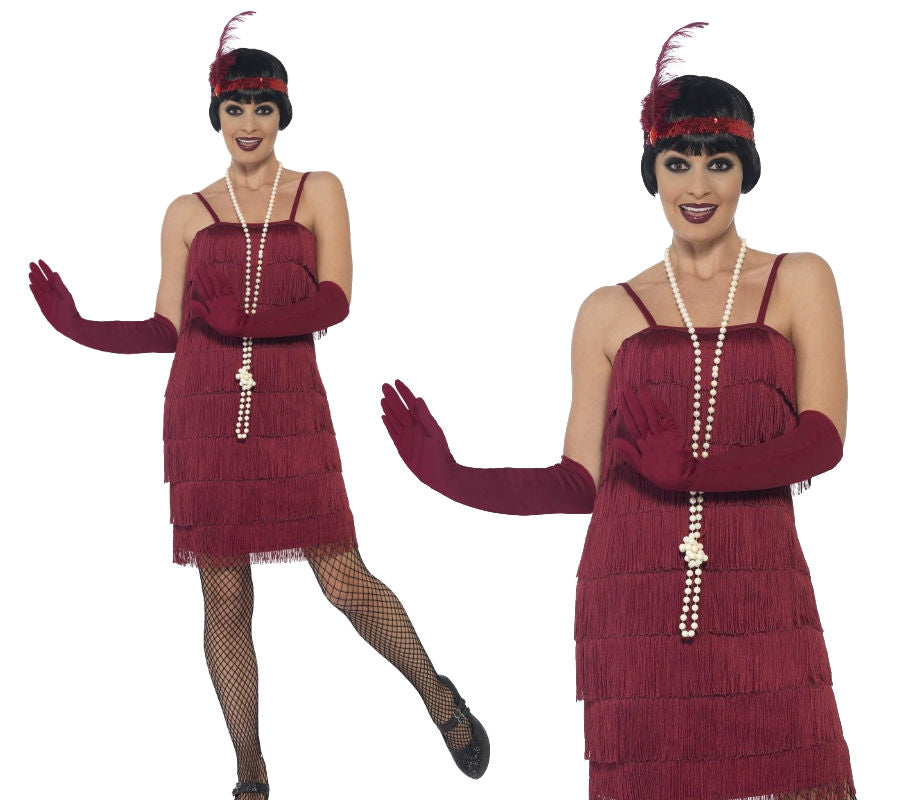 Burgundy Flapper Costume Ladies 1920s Fancy Dress Outfit 20s Flapper S-XXL
