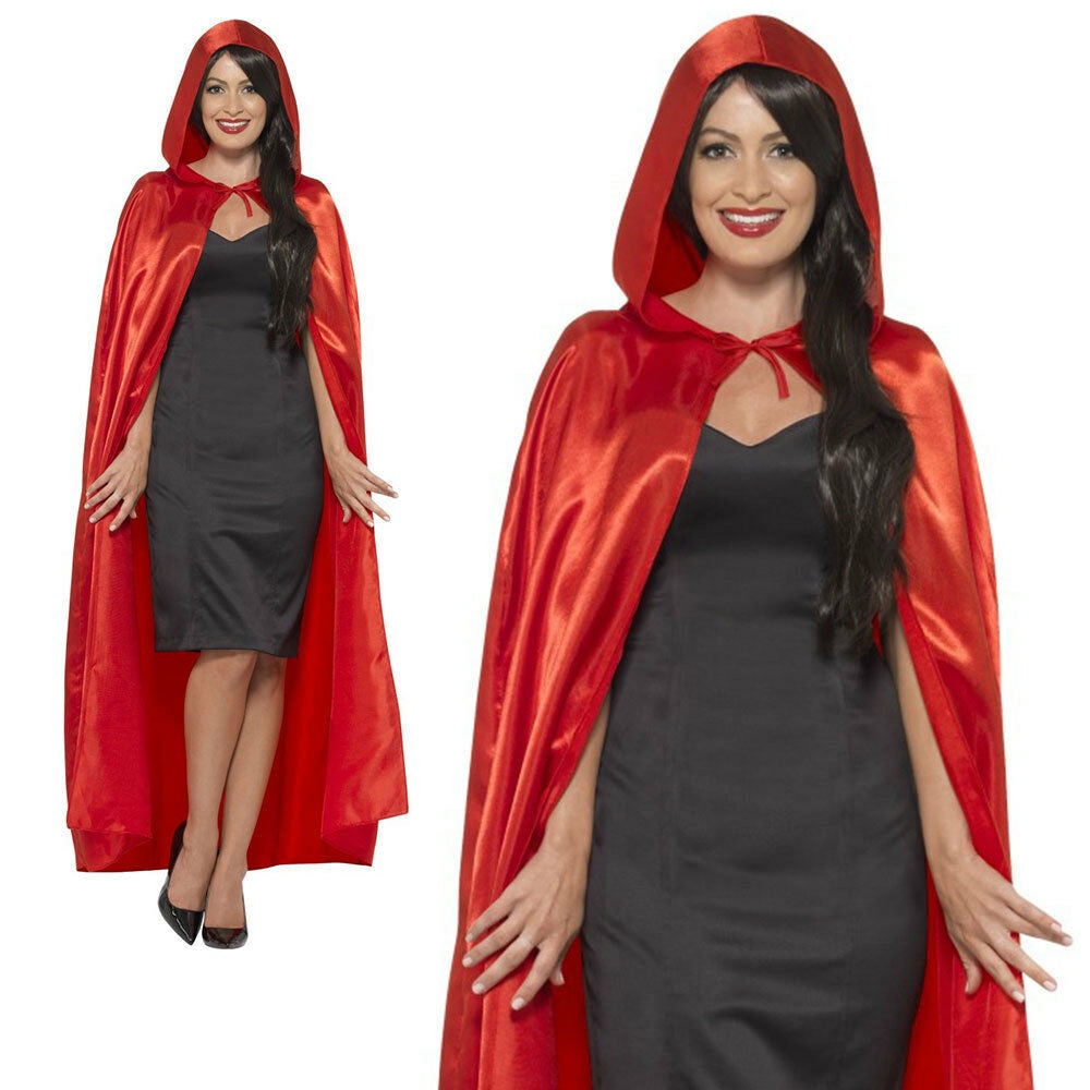 Red Hooded Cape Mens Ladies Halloween Devil Vampire Fancy Dress Cape