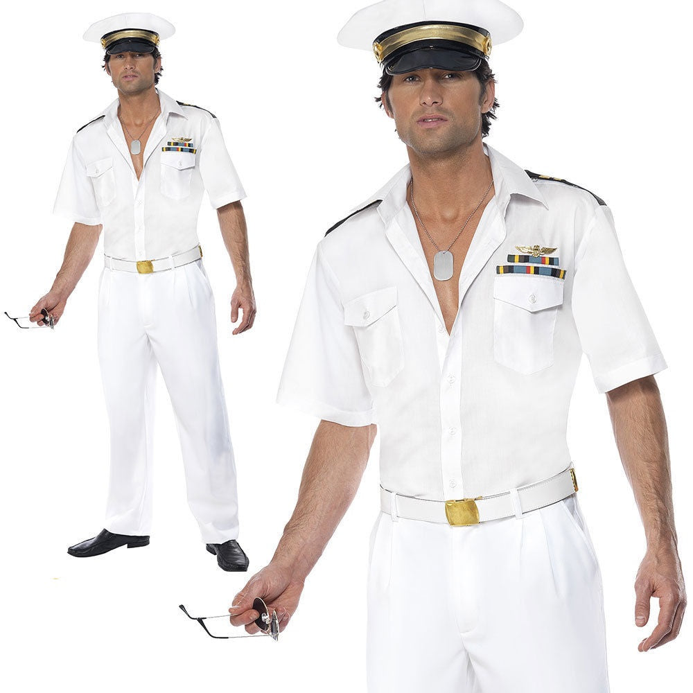 Top Gun Captain 80s Costume White Pilot Mens Fancy Dress Tom Cruise Outfit M L