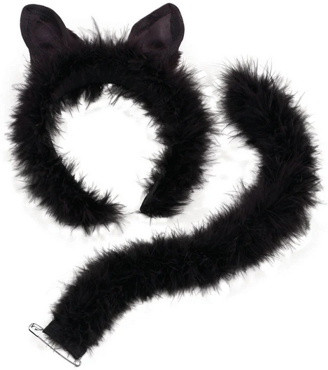 Marabou Trim Black Cat Set Ladies Halloween Headband & Tail Cats Fancy Dress