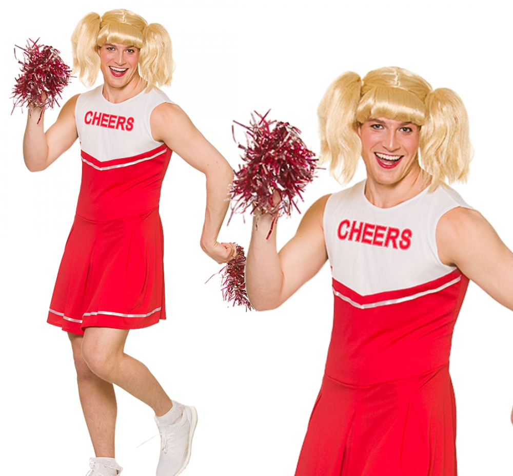 Mens Hot Cheerleader Stag Night Fancy Dress Costume + Pom Poms