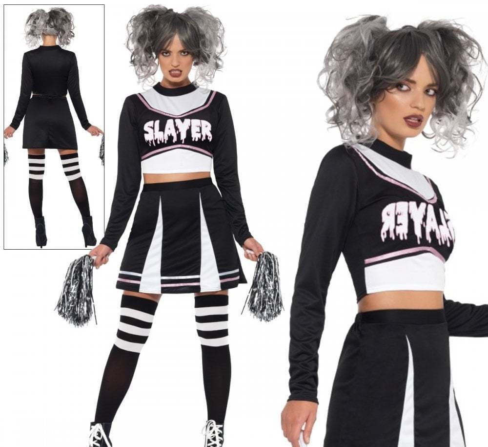 Fever Gothic Cheerleader Costume Ladies Halloween Fancy Dress + Pom Poms