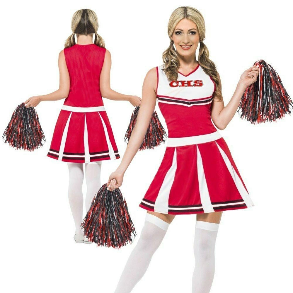 Ladies Cheerleader Fancy Dress Costume + Pom Poms Dress Up Outfit