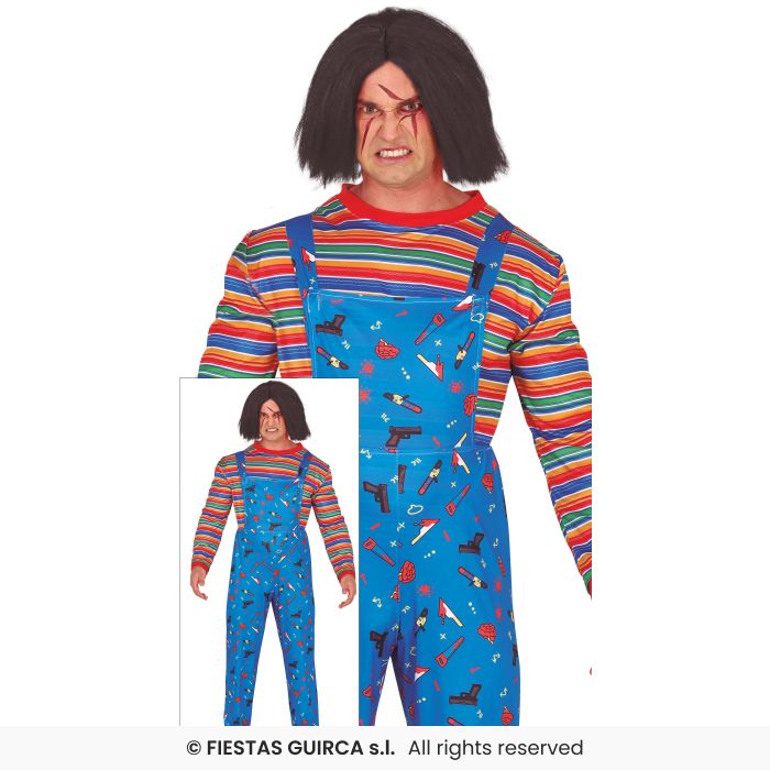 Bad Doll Childs Doll Blue Dungarees Mens Halloween Fancy Dress Costume
