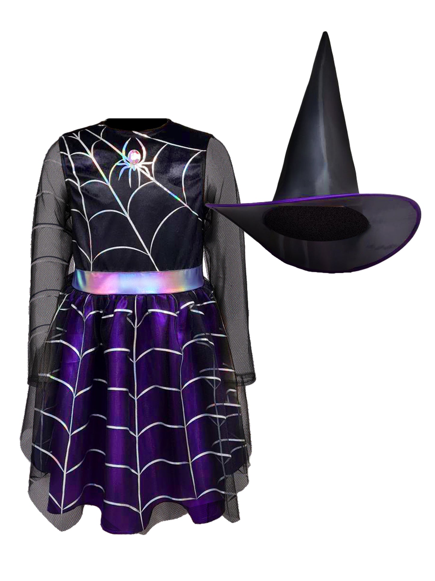 Cobweb Witch Girls Black Widow Witches Fancy Dress Costume Halloween + Hat