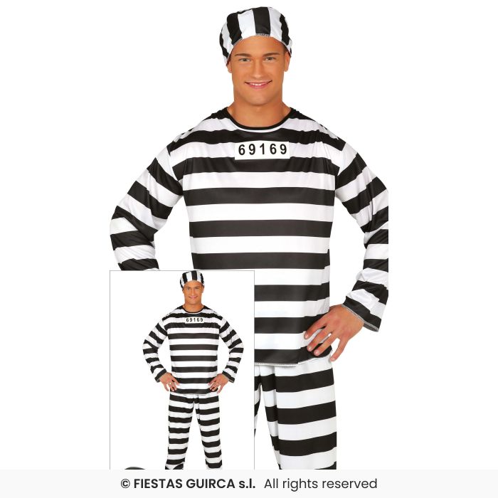 Black & White Striped Convict Overalls Mens Prisoner Fancy Dress Costume M-XL