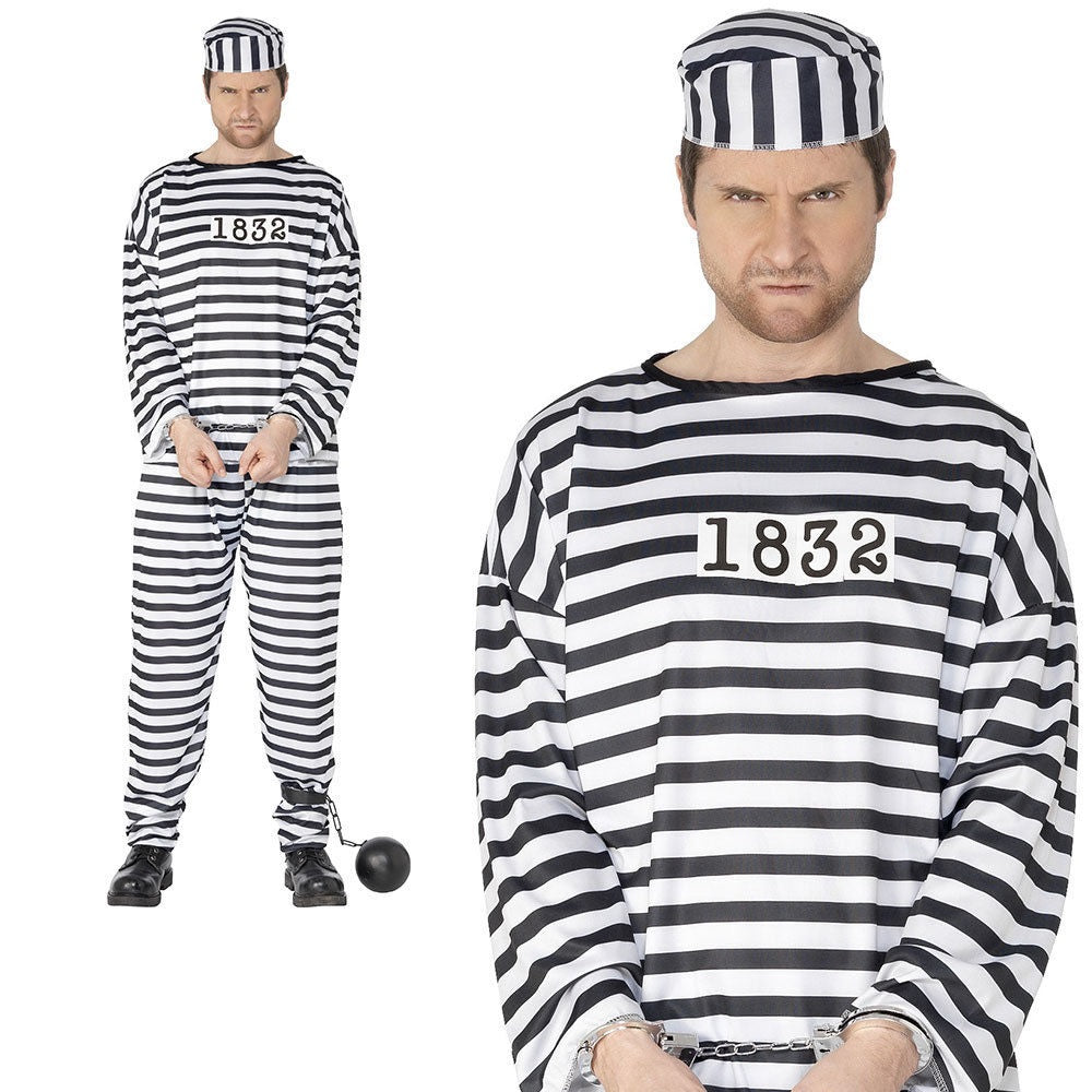 Adult Mens Convict Costume Robber Prisoner Police Stag Party Fancy Dress Outfit New