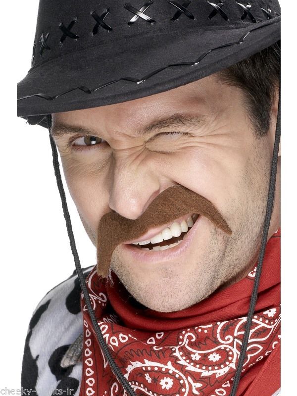 Brown Cowboy Moustache Mens Wild West Western Fancy Dress Accessory
