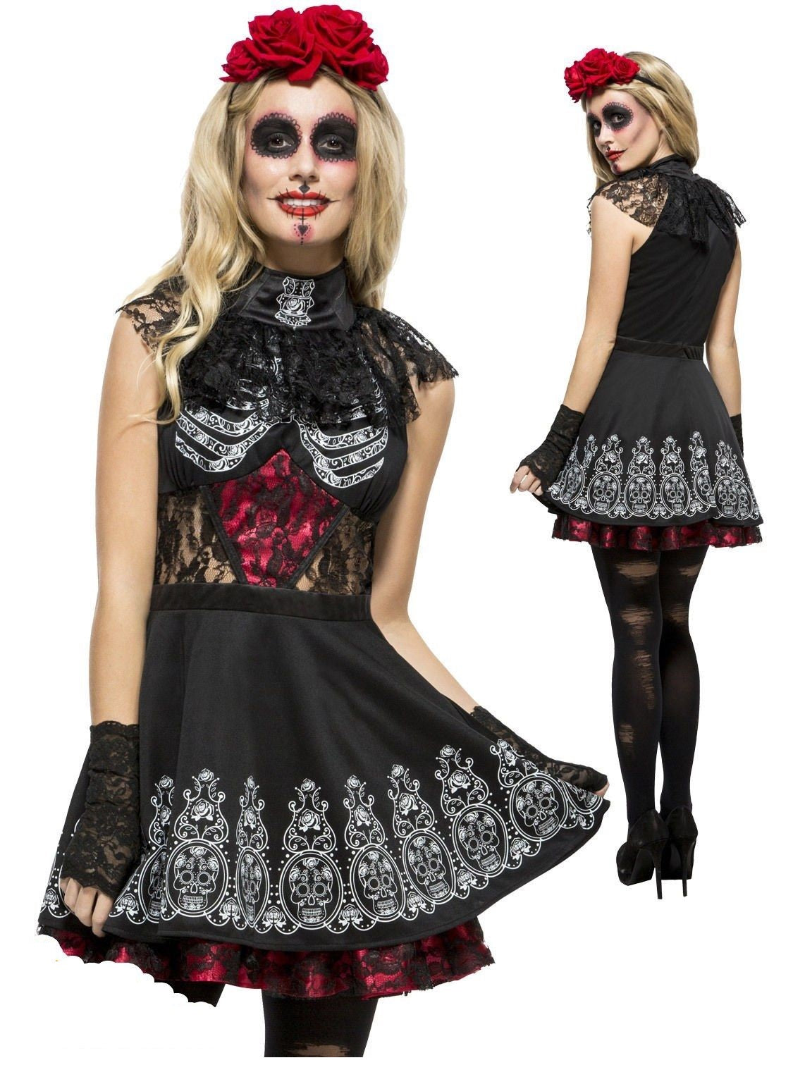 Day of the Dead Costume Sugar Skull Skeleton Womens Halloween Fancy Dress New